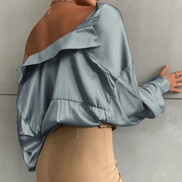 Button down Bishop Sleeve Shirt Blouse Dusty Blue - Picture 5 of 5